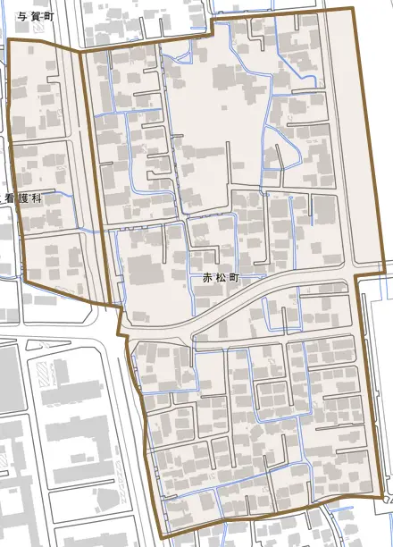 赤松町とその周辺の地図。町の範囲を重ねている