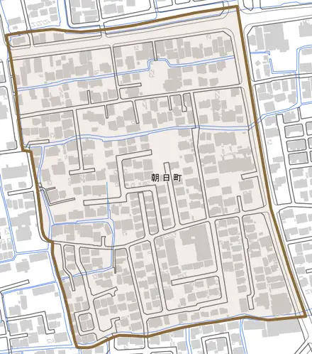 朝日町とその周辺の地図。町の範囲を重ねている