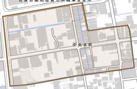 中央本町とその周辺の地図。町の範囲を重ねている