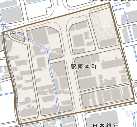 駅南本町とその周辺の地図。町の範囲を重ねている