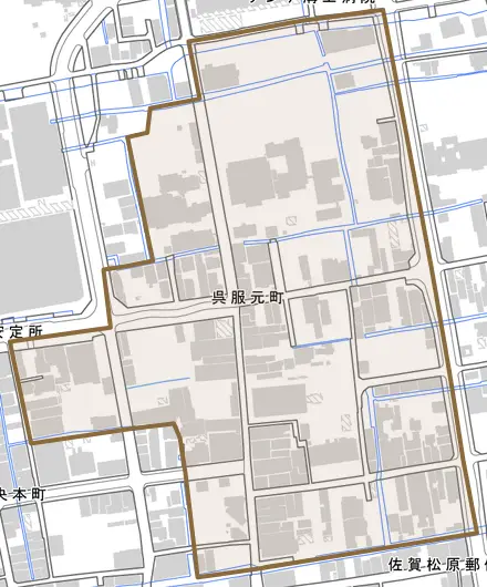呉服元町とその周辺の地図。町の範囲を重ねている