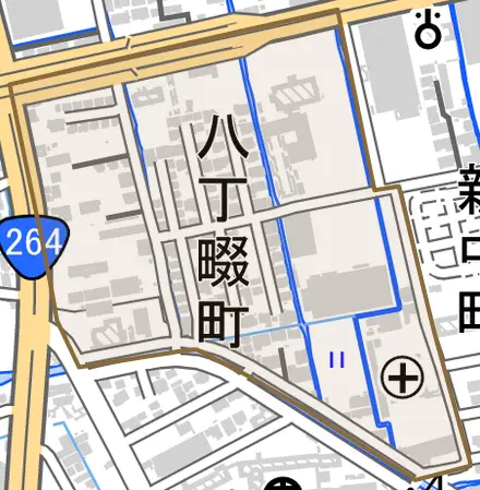 八丁畷町とその周辺の地図。町の範囲を重ねている