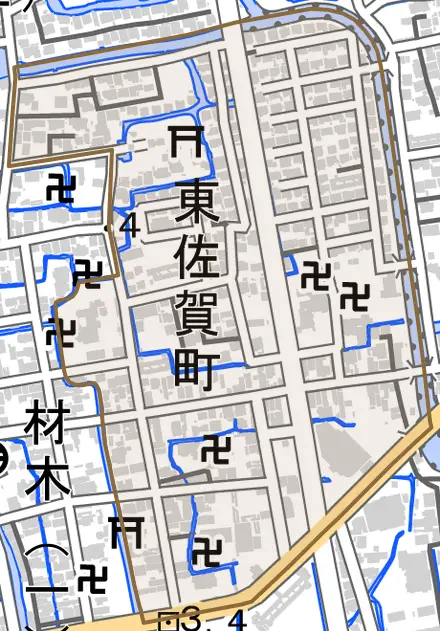 東佐賀町とその周辺の地図。町の範囲を重ねている
