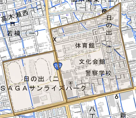 日の出とその周辺の地図。町の範囲を重ねている