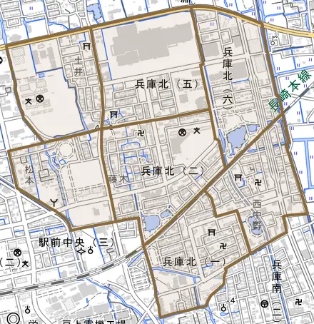 兵庫北とその周辺の地図。町の範囲を重ねている