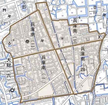 兵庫南とその周辺の地図。町の範囲を重ねている