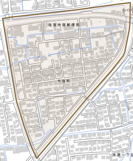 今宿町とその周辺の地図。町の範囲を重ねている