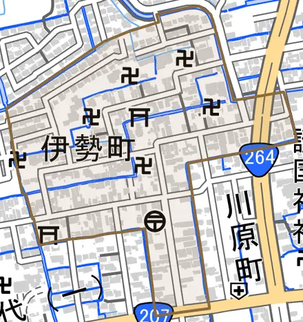 伊勢町とその周辺の地図。町の範囲を重ねている