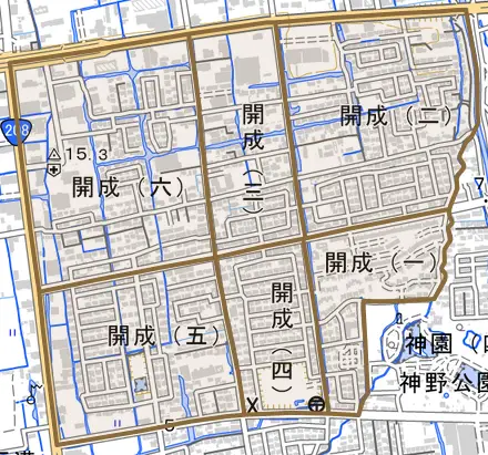 開成とその周辺の地図。町の範囲を重ねている