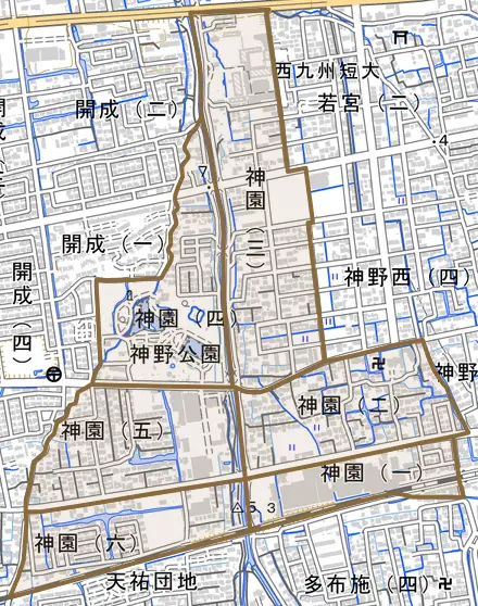 神園とその周辺の地図。町の範囲を重ねている