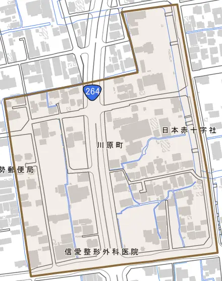 川原町とその周辺の地図。町の範囲を重ねている