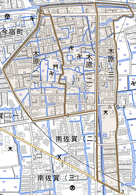 木原とその周辺の地図。町の範囲を重ねている