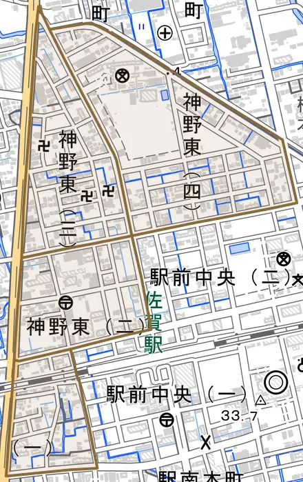 神野東とその周辺の地図。町の範囲を重ねている
