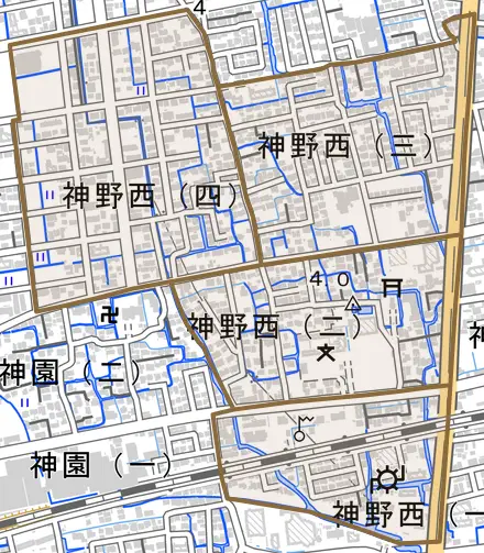神野西とその周辺の地図。町の範囲を重ねている