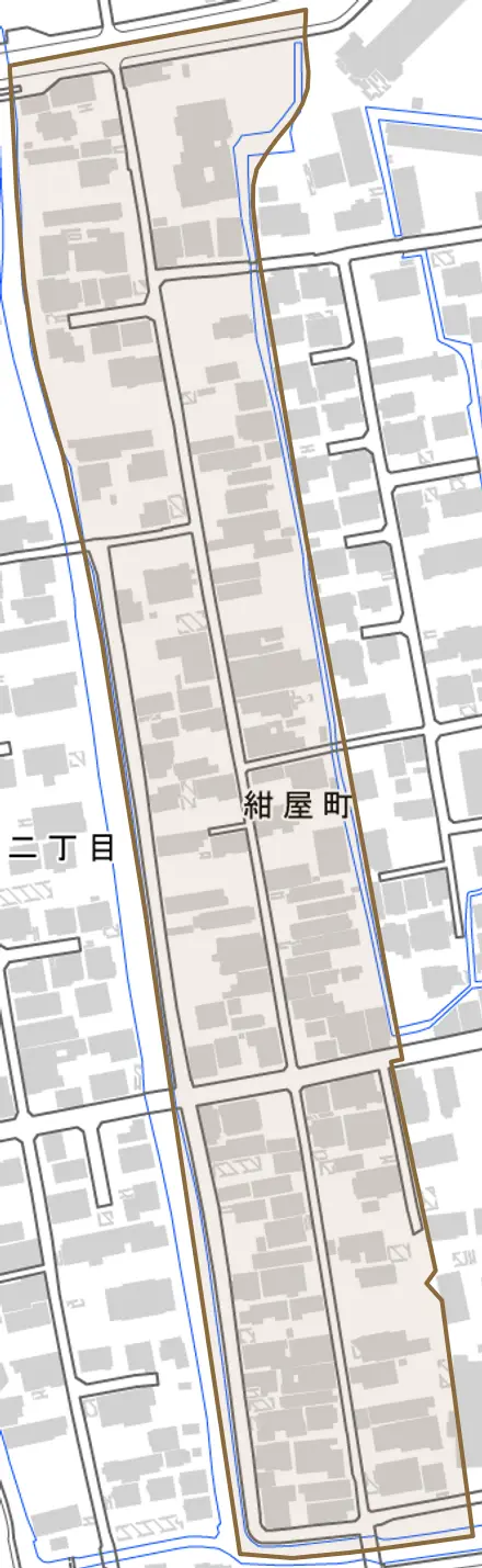 紺屋町とその周辺の地図。町の範囲を重ねている