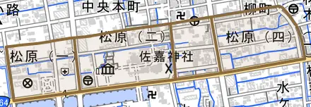 松原とその周辺の地図。町の範囲を重ねている