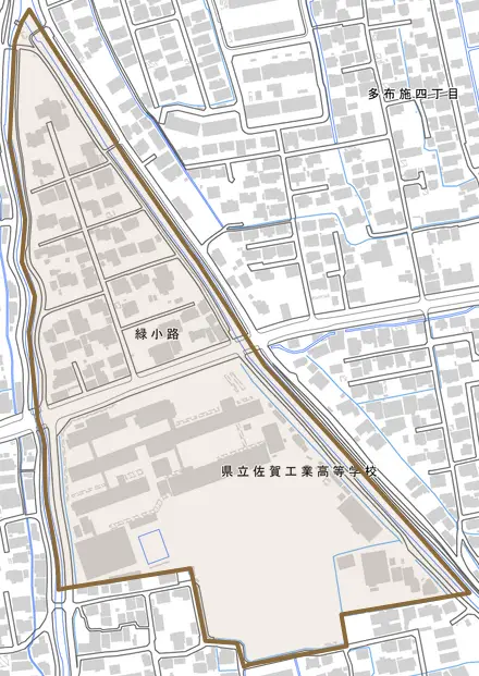 緑小路とその周辺の地図。町の範囲を重ねている