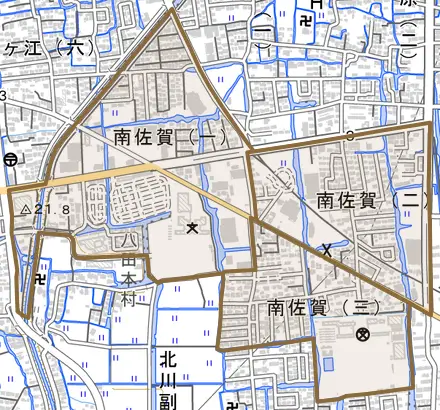 南佐賀とその周辺の地図。町の範囲を重ねている