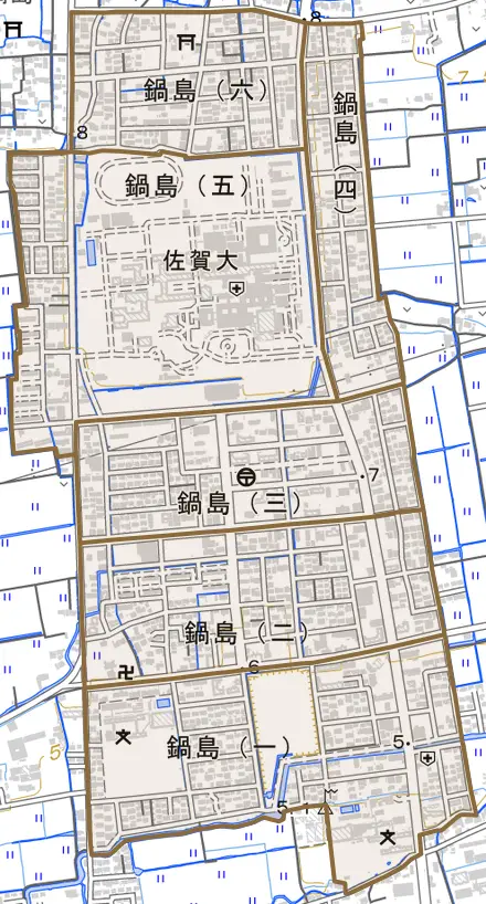 鍋島とその周辺の地図。町の範囲を重ねている