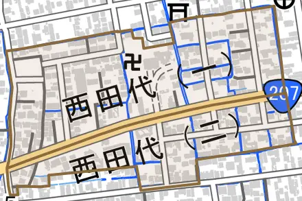 西田代とその周辺の地図。町の範囲を重ねている