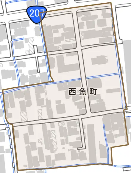 西魚町とその周辺の地図。町の範囲を重ねている