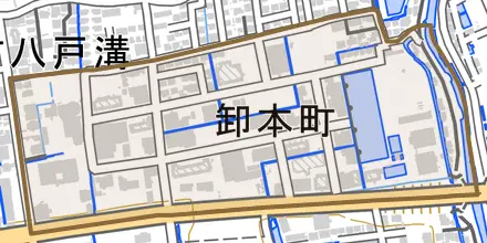 卸本町とその周辺の地図。町の範囲を重ねている