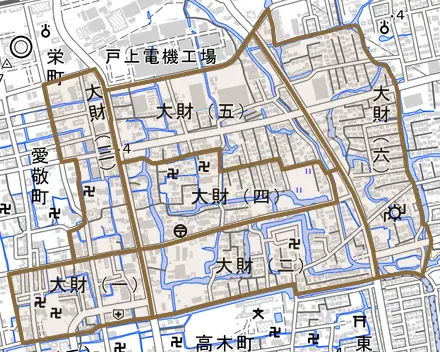 大財とその周辺の地図。町の範囲を重ねている