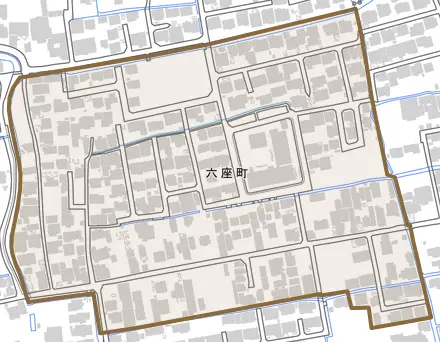 六座町とその周辺の地図。町の範囲を重ねている