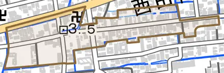 道祖元町とその周辺の地図。町の範囲を重ねている