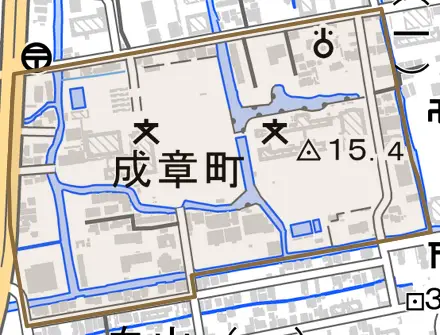 成章町とその周辺の地図。町の範囲を重ねている