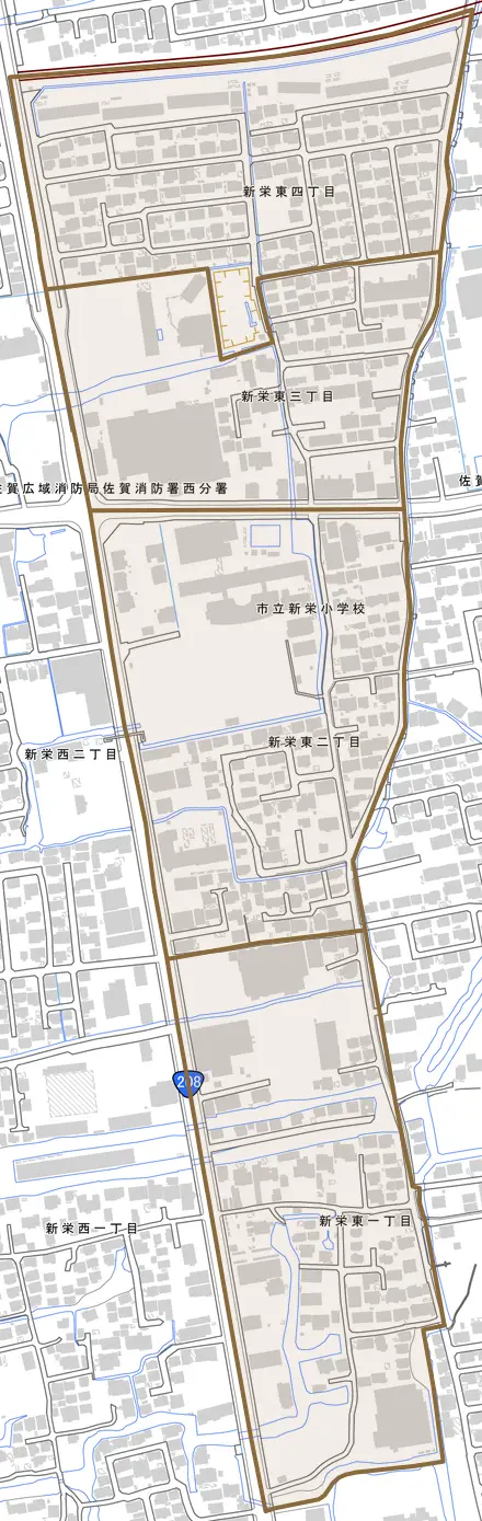 新栄東とその周辺の地図。町の範囲を重ねている