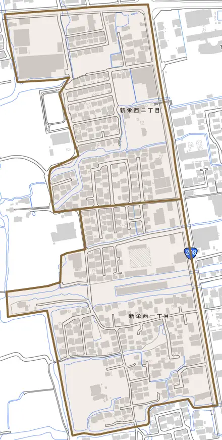 新栄西とその周辺の地図。町の範囲を重ねている