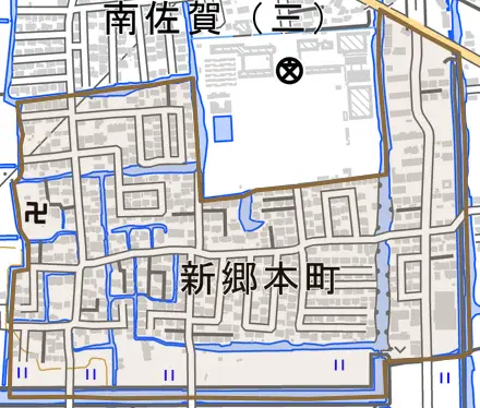 新郷本町とその周辺の地図。町の範囲を重ねている