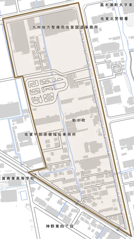 新中町とその周辺の地図。町の範囲を重ねている
