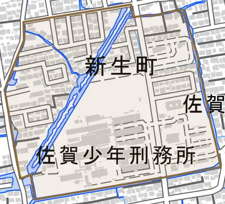 新生町とその周辺の地図。町の範囲を重ねている