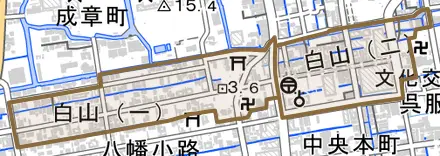 白山とその周辺の地図。町の範囲を重ねている