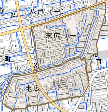 末広とその周辺の地図。町の範囲を重ねている