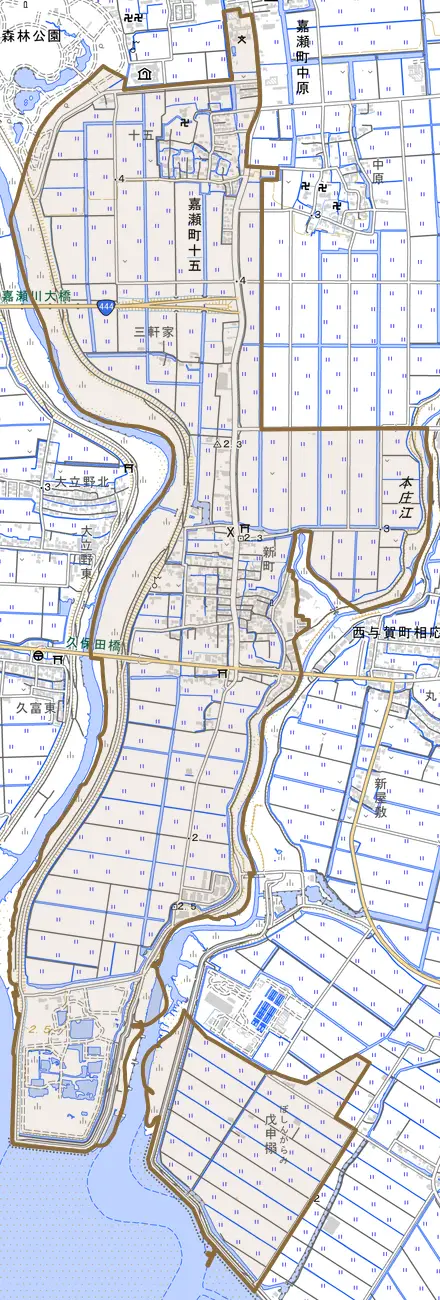 嘉瀬町大字十五とその周辺の地図。町の範囲を重ねている
