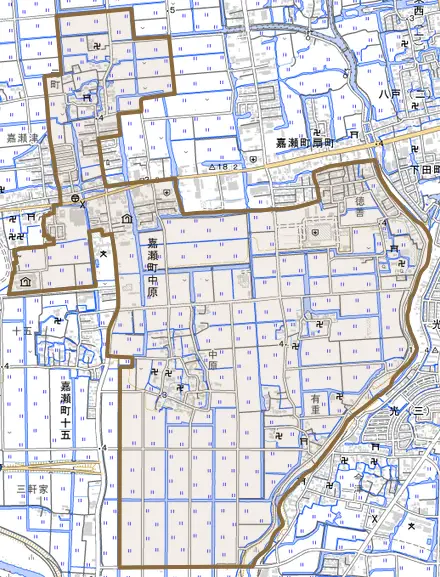 嘉瀬町大字中原とその周辺の地図。町の範囲を重ねている