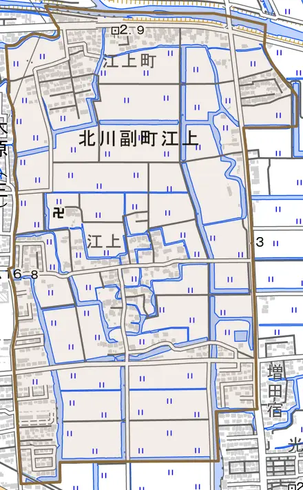 北川副町大字江上とその周辺の地図。町の範囲を重ねている