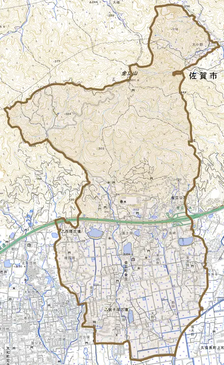 金立町大字金立とその周辺の地図。町の範囲を重ねている