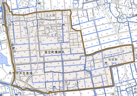 金立町大字薬師丸とその周辺の地図。町の範囲を重ねている
