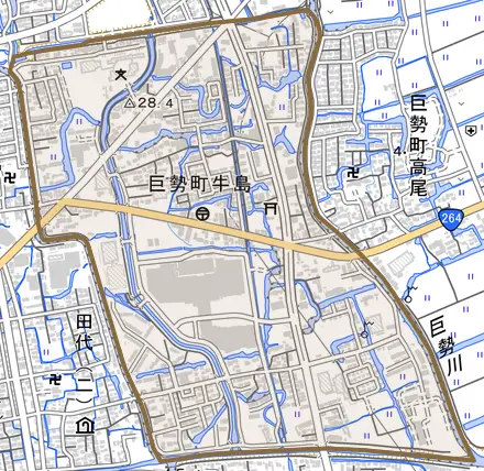 巨勢町大字牛島とその周辺の地図。町の範囲を重ねている