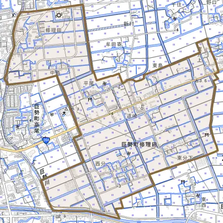 巨勢町大字修理田とその周辺の地図。町の範囲を重ねている