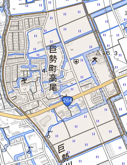 巨勢町大字高尾とその周辺の地図。町の範囲を重ねている