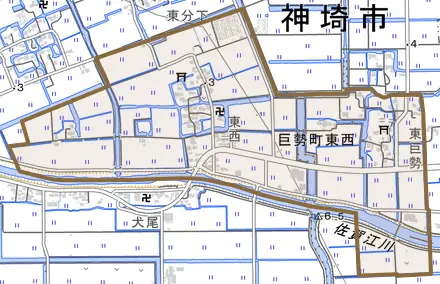 巨勢町大字東西とその周辺の地図。町の範囲を重ねている