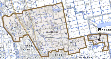 高木瀬町大字長瀬とその周辺の地図。町の範囲を重ねている