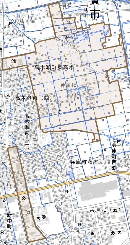 高木瀬町大字東高木とその周辺の地図。町の範囲を重ねている