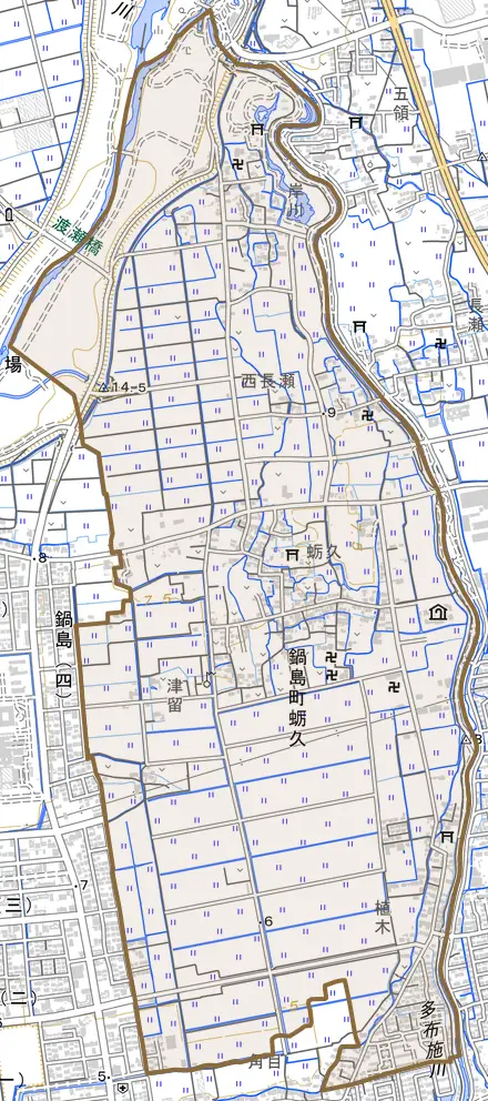 鍋島町大字蛎久とその周辺の地図。町の範囲を重ねている