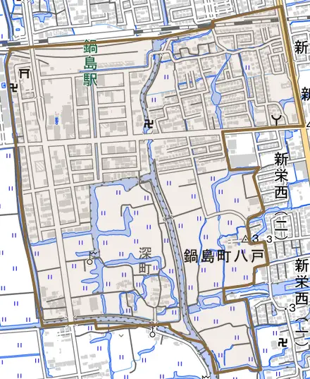 鍋島町大字八戸とその周辺の地図。町の範囲を重ねている